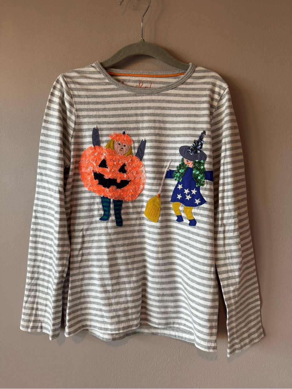 Mini Boden Pumpkin Witch Halloween Sequin Striped Long Sleeve Size 7-8 Years